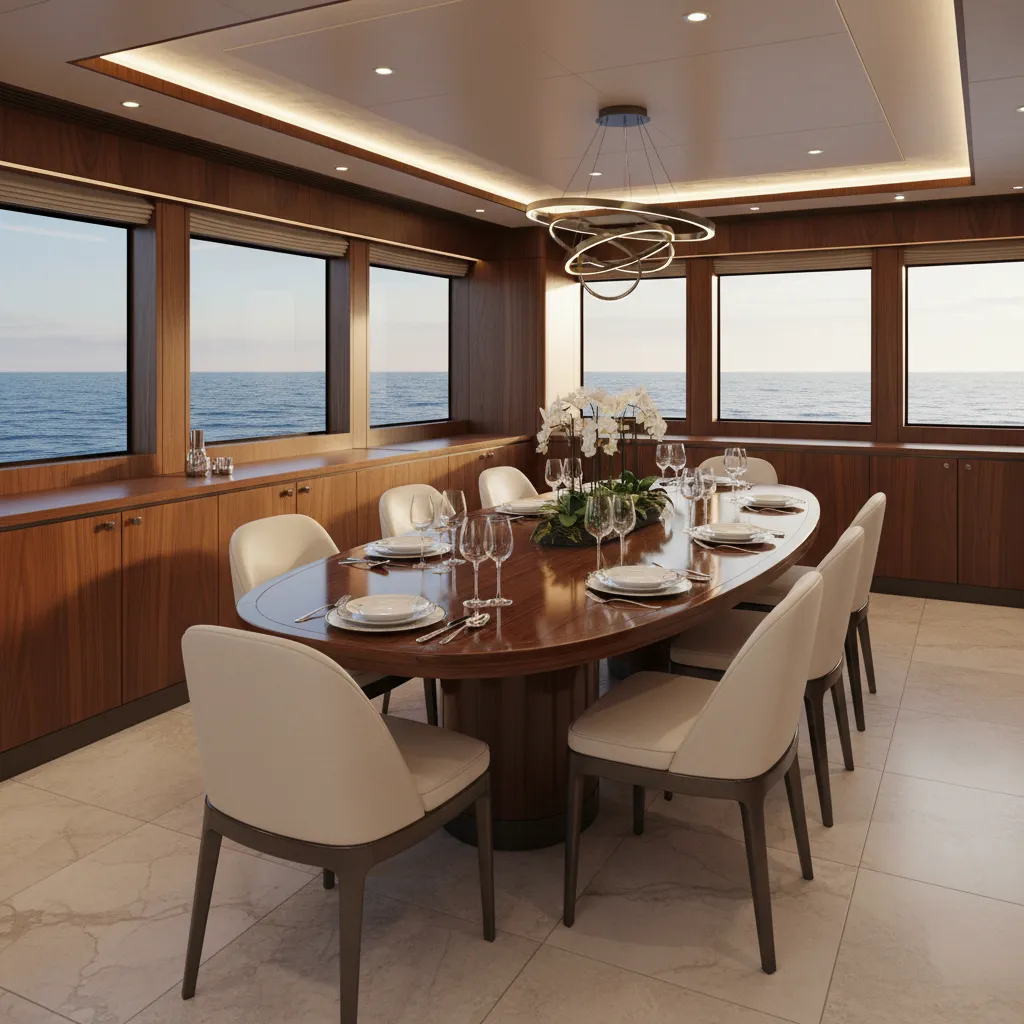 Comedor elegante dentro de un yate con mesa central y iluminación cálida