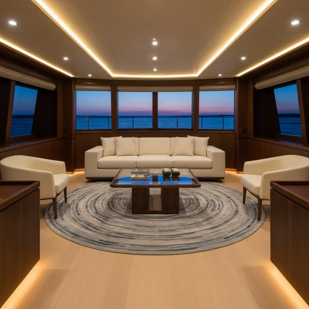 Interior de yate con iluminación indirecta que amplía visualmente el espacio
