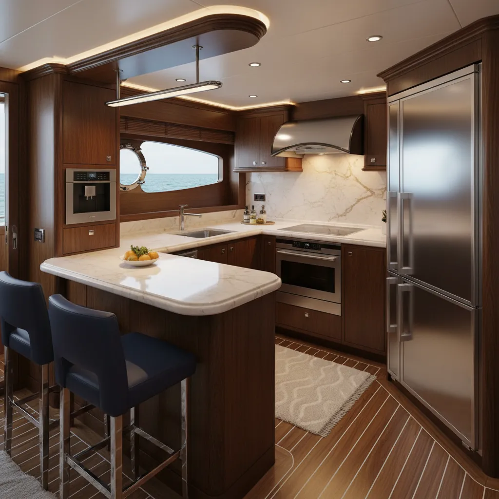 Cocina de yate de lujo compacta con electrodomésticos integrados