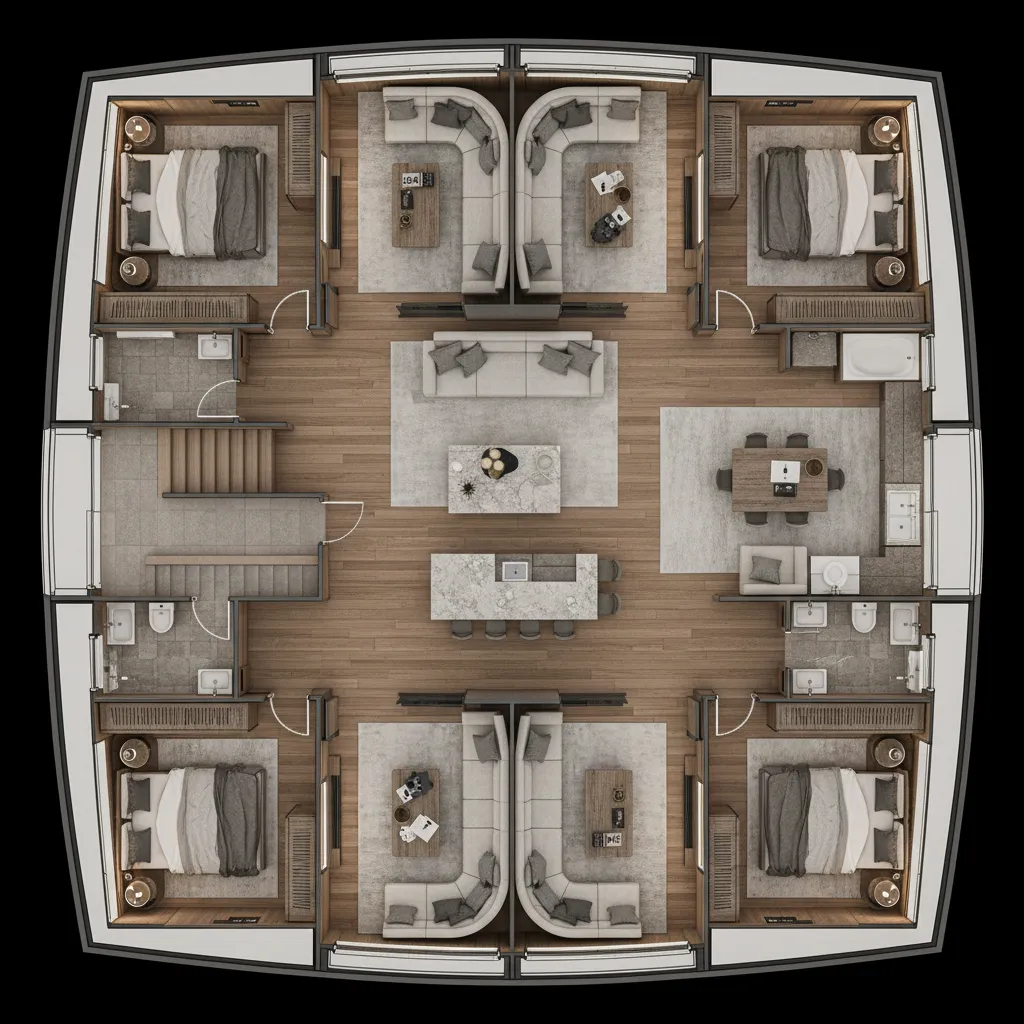 Vista superior de la distribución interior de un yate moderno