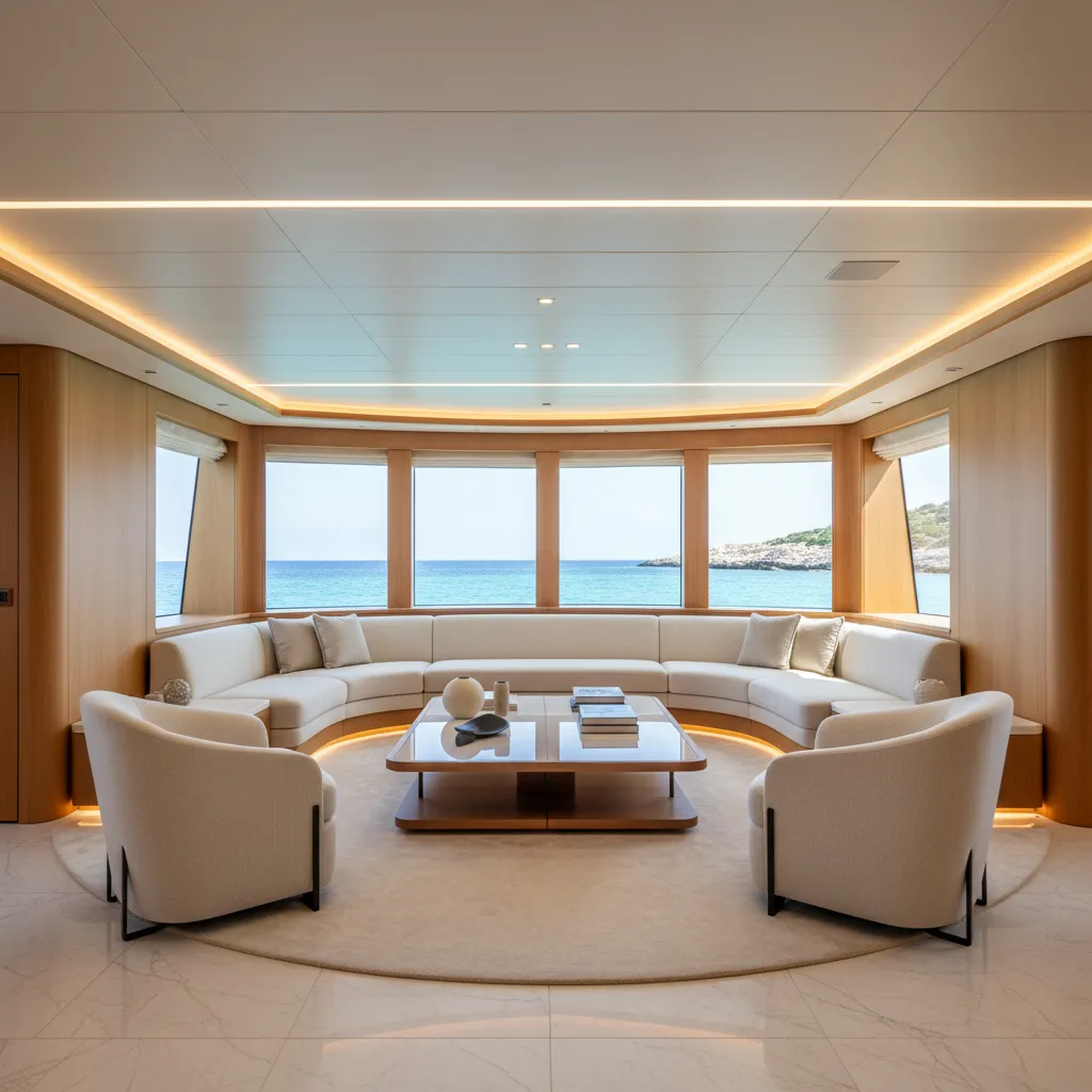 Salón principal de un yate con sofá curvo y ventanas panorámicas