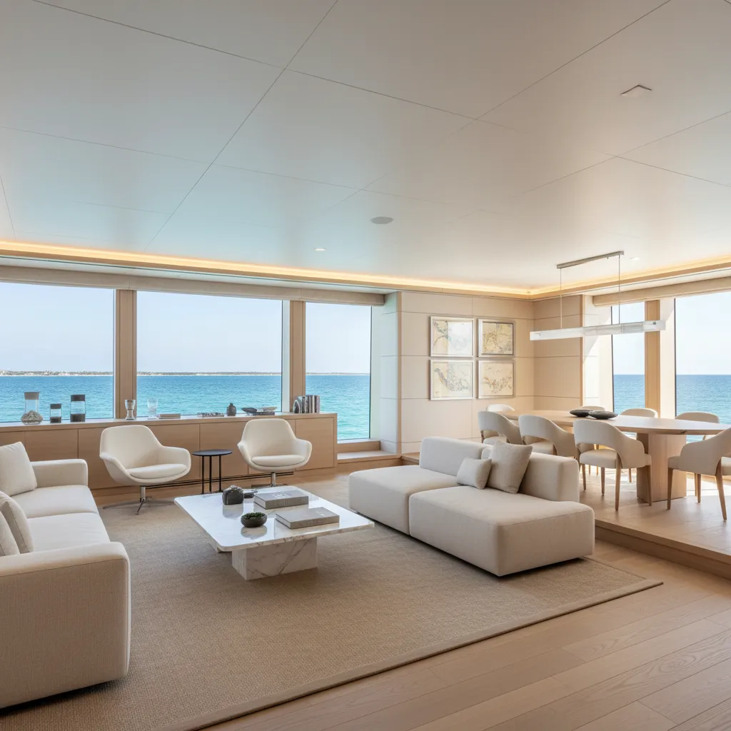 Interior minimalista contemporáneo de yate con tonos claros