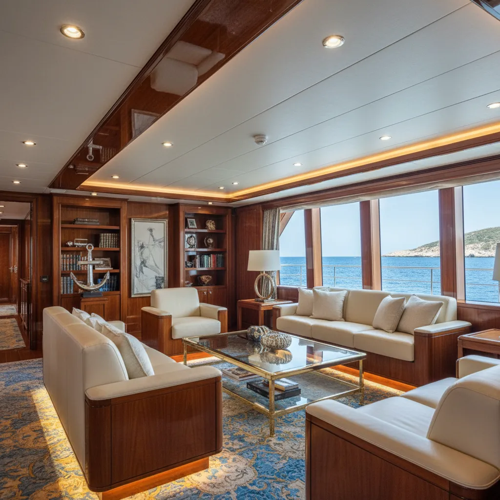 Salón interior de yate con mobiliario integrado y grandes ventanas