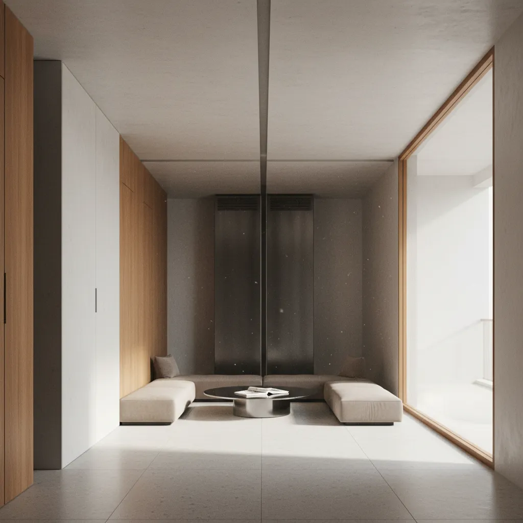Minimalist modern living room with low beige sofa coffee table wooden walls and large glass window