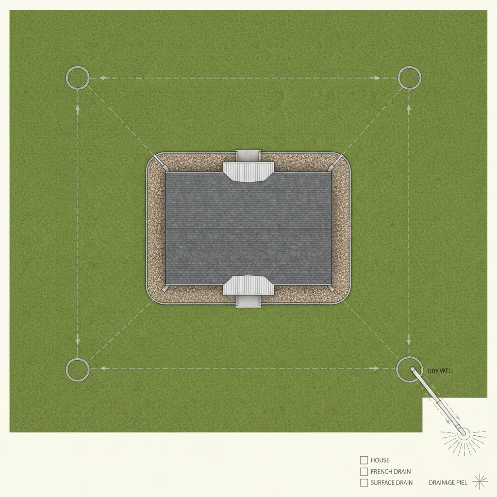 Outdoor drainage layout showing French drain and surface drain placement