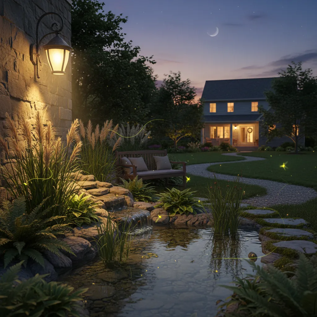 Backyard with vegetation and standing water attracting insects near light