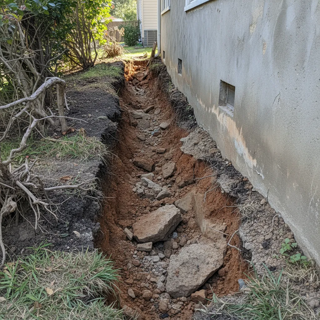 Soil erosion along the side of a house exposing the foundation edge