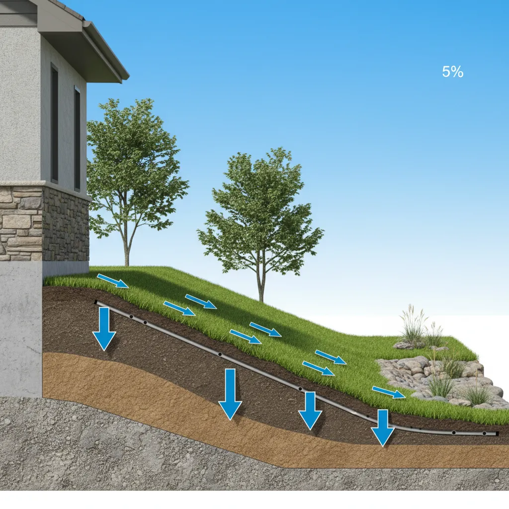 Illustrated landscape grading showing slope directing water away from house