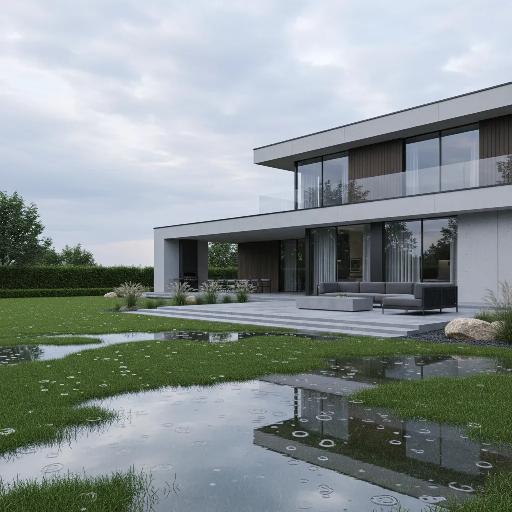 Residential lawn with standing water after rainfall near patio