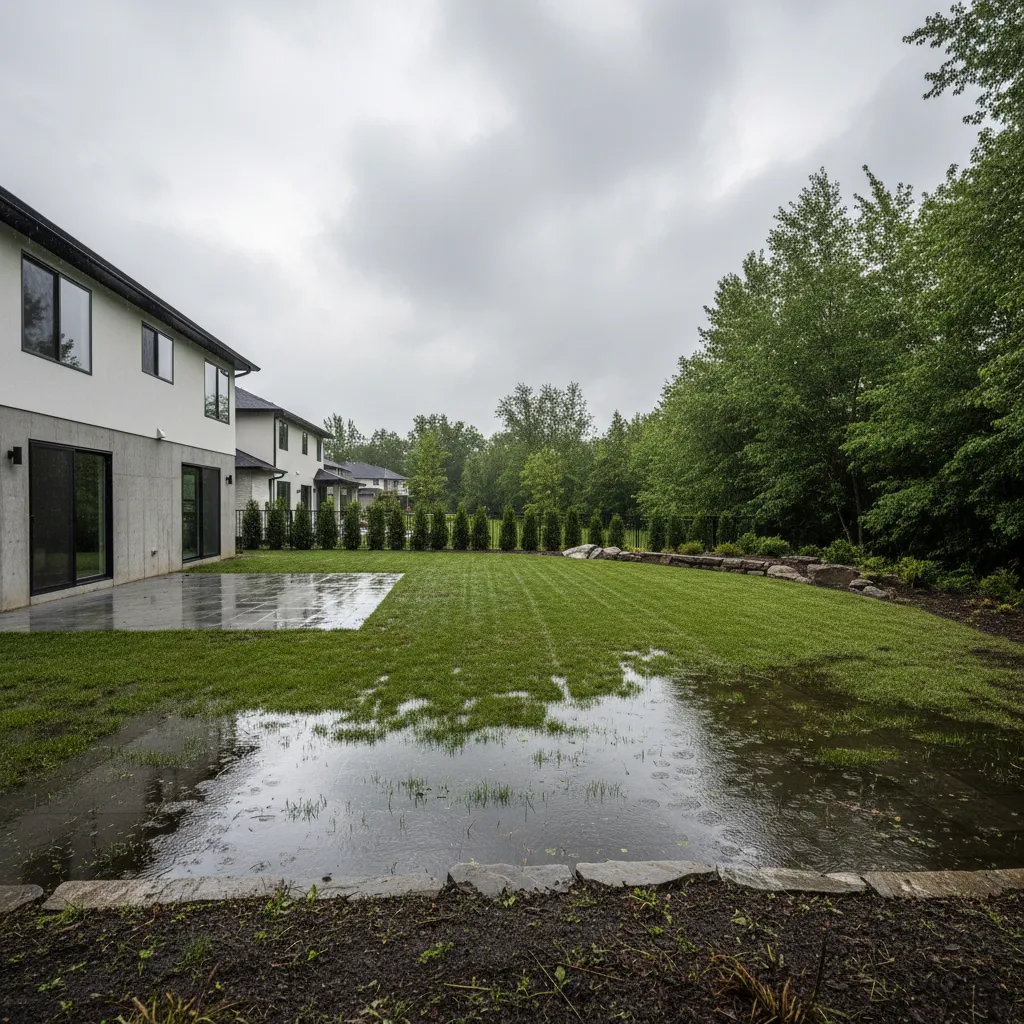 Backyard with visible water pooling near house after heavy rain