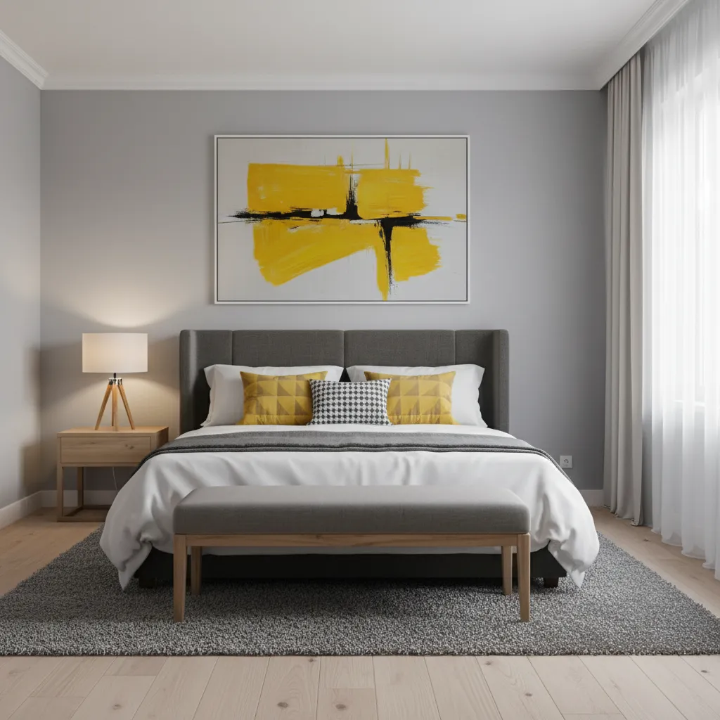 Bedroom showing layered yellow accents across pillows, artwork, and lighting
