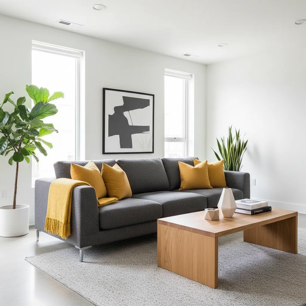 neutral living room with yellow accent pillows and decor