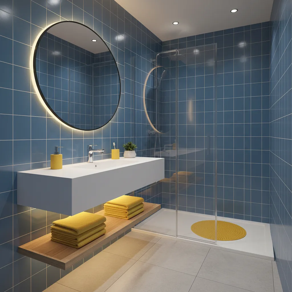 Small bathroom with yellow accent towels and blue tiles