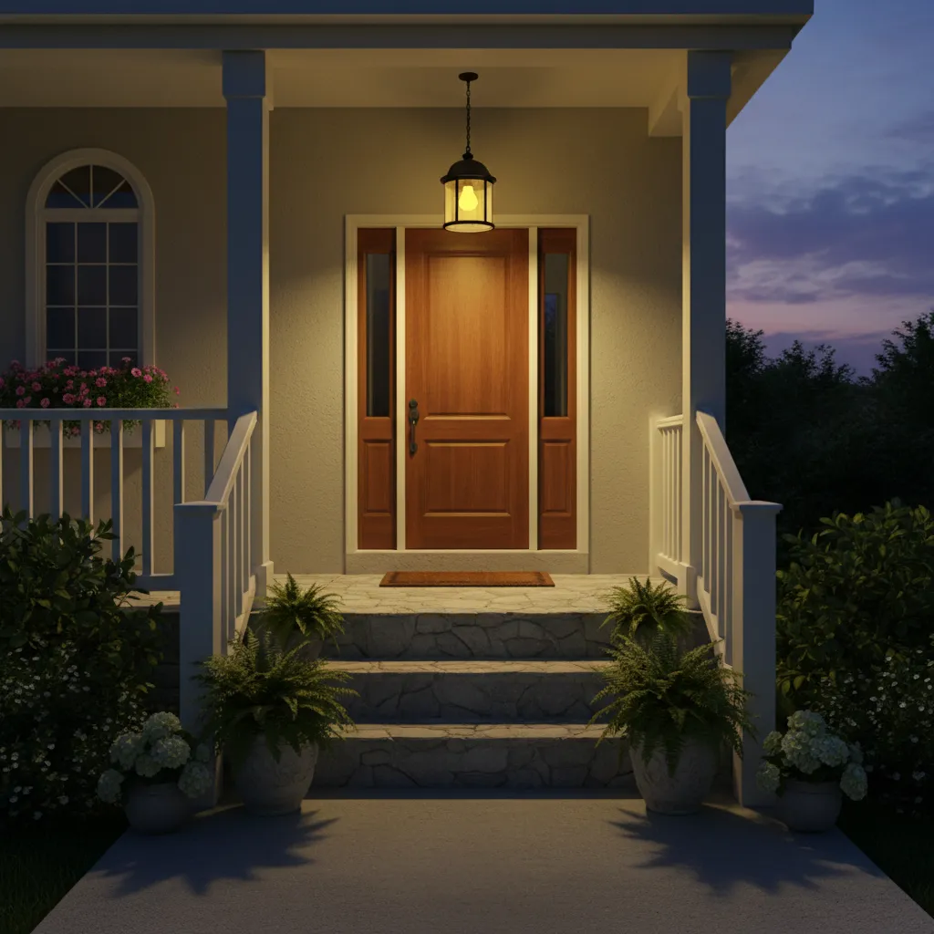 Yellow bug light on residential porch at night
