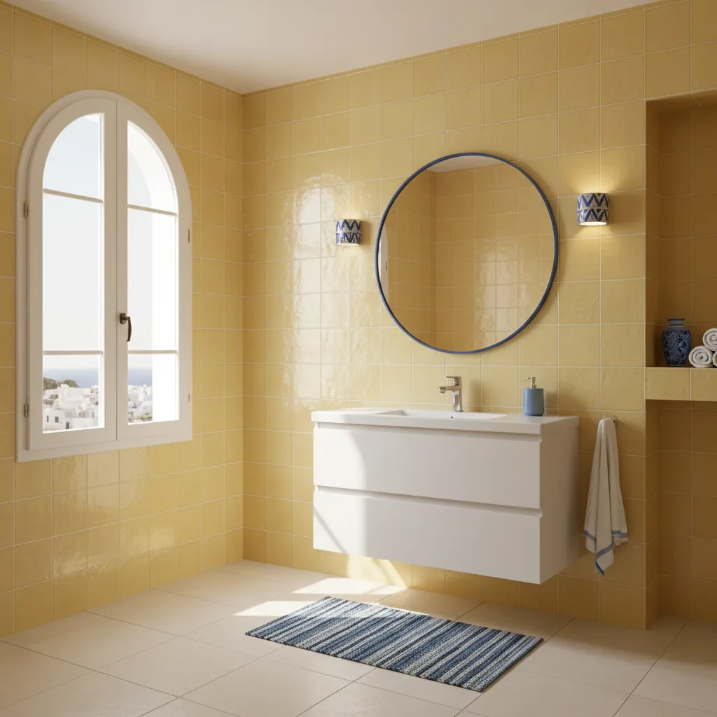 Yellow dominant bathroom with warm tiles and blue accent details