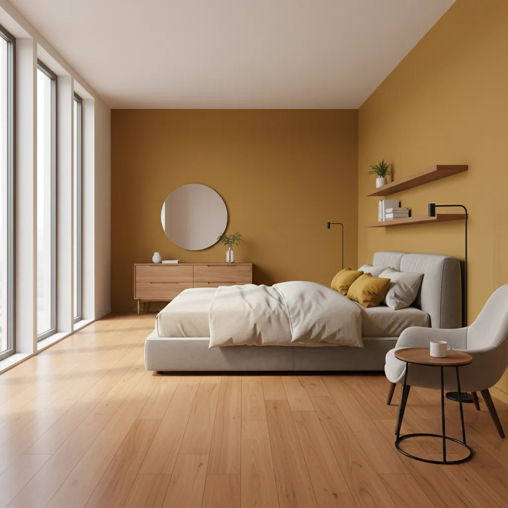 yellow dominant bedroom with mustard wall and grey bedding