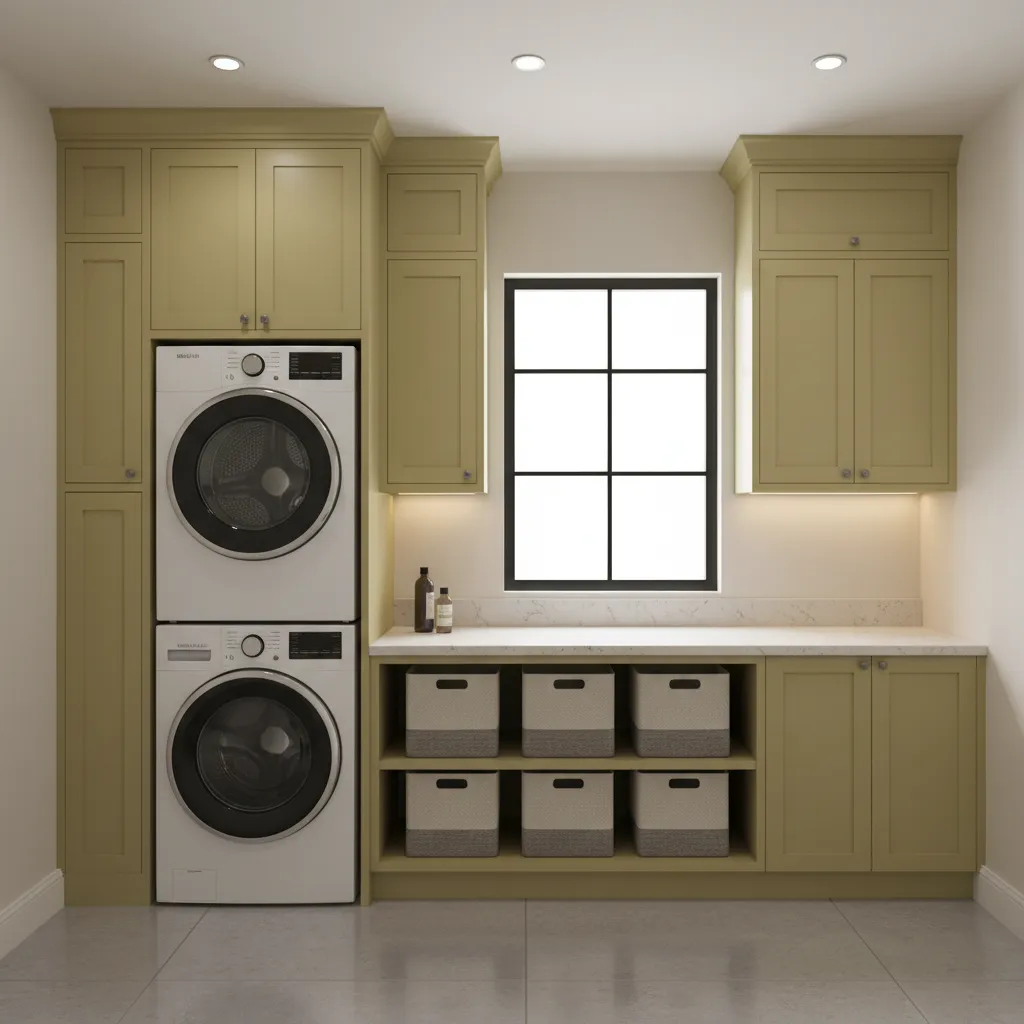 laundry room layout with yellow cabinets folding counter and stacked appliances