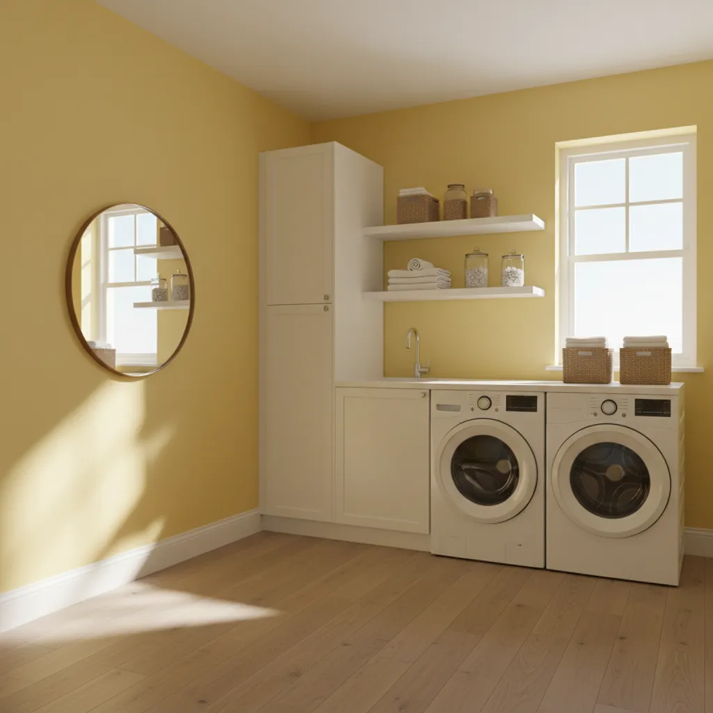 Laundry room with yellow walls illuminated by daylight from a window