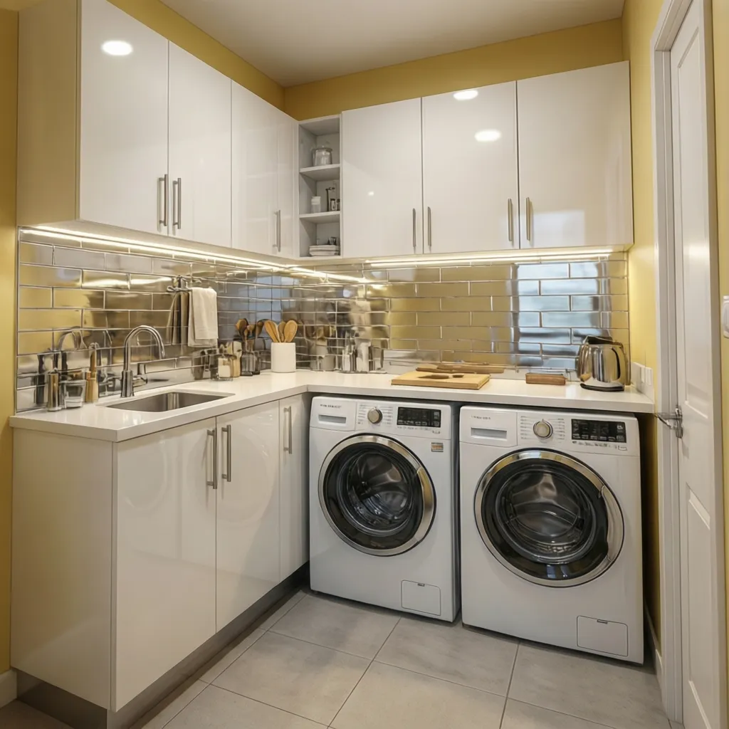 Yellow laundry room with glossy cabinets and reflective surfaces