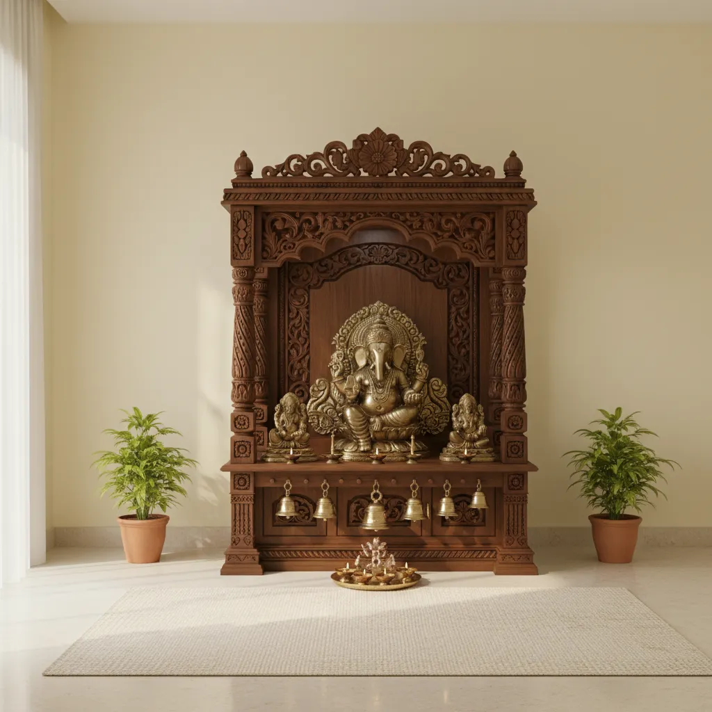 Pooja room with soft yellow walls and wooden temple cabinet