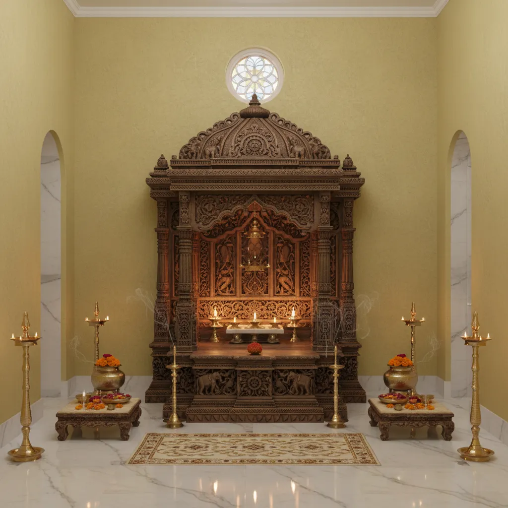 Pooja room with soft yellow walls and brass lamps creating warm spiritual ambience