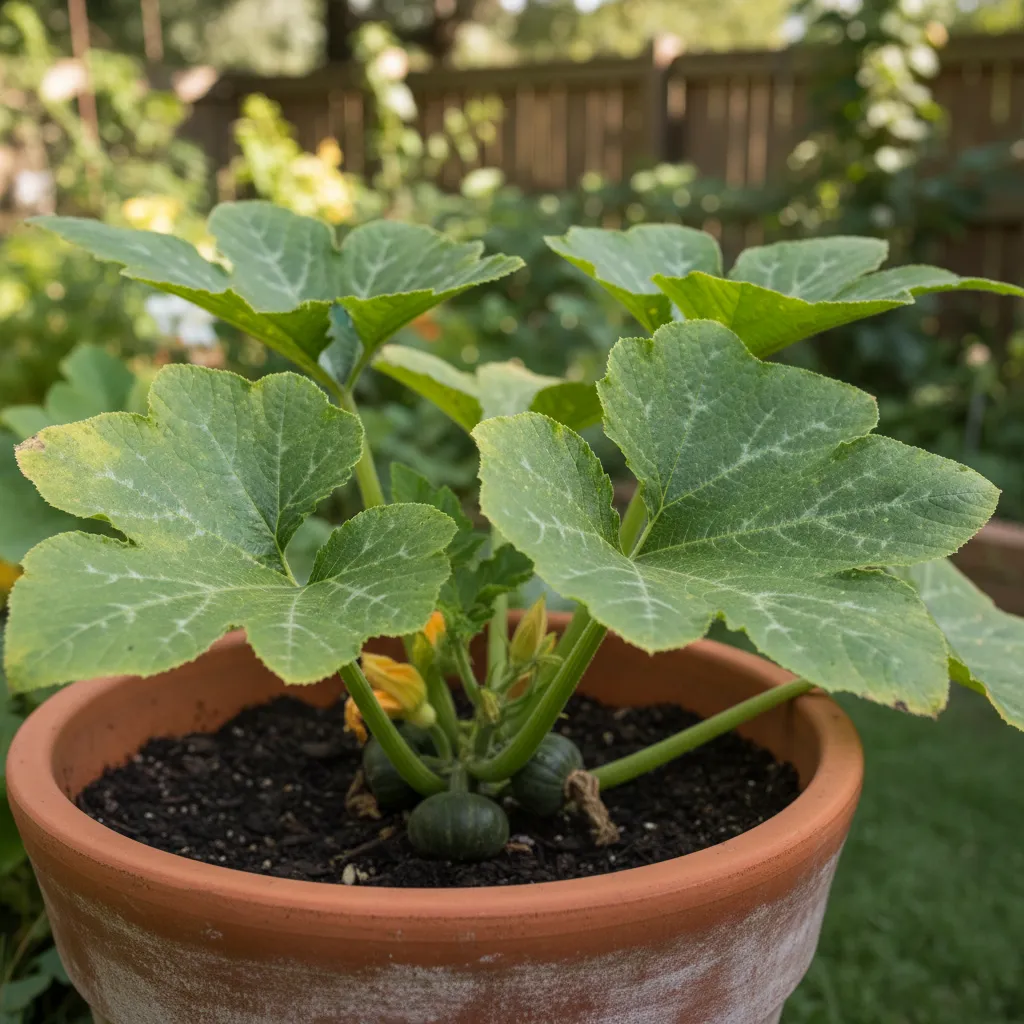 Pumpkin plant in container showing yellow leaves from nutrient deficiency