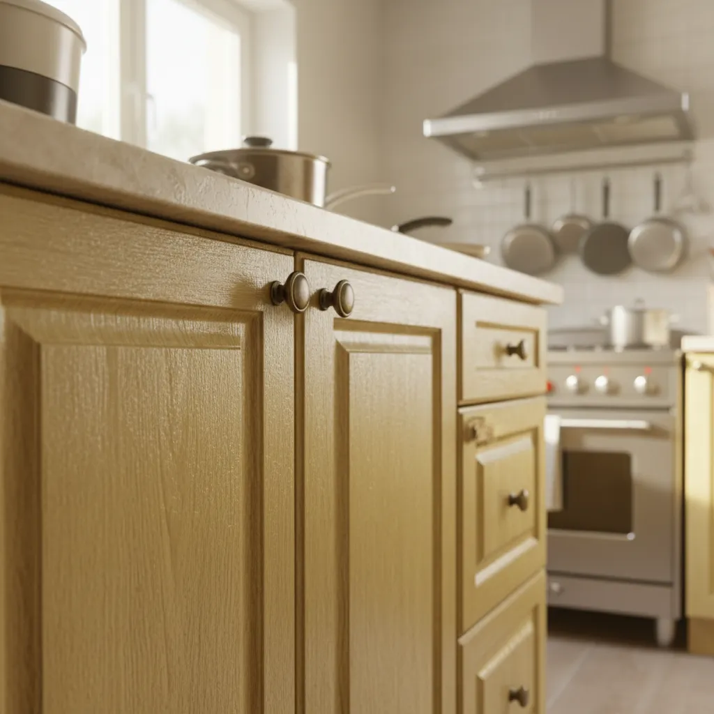 Close view of kitchen cabinets with yellow smoke film near cooking area