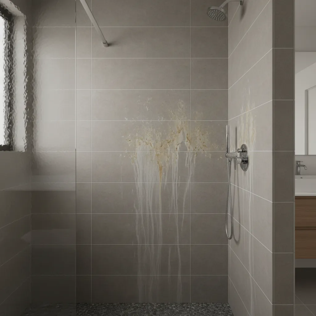 Bathroom wall tiles with visible yellow mineral stains near shower area