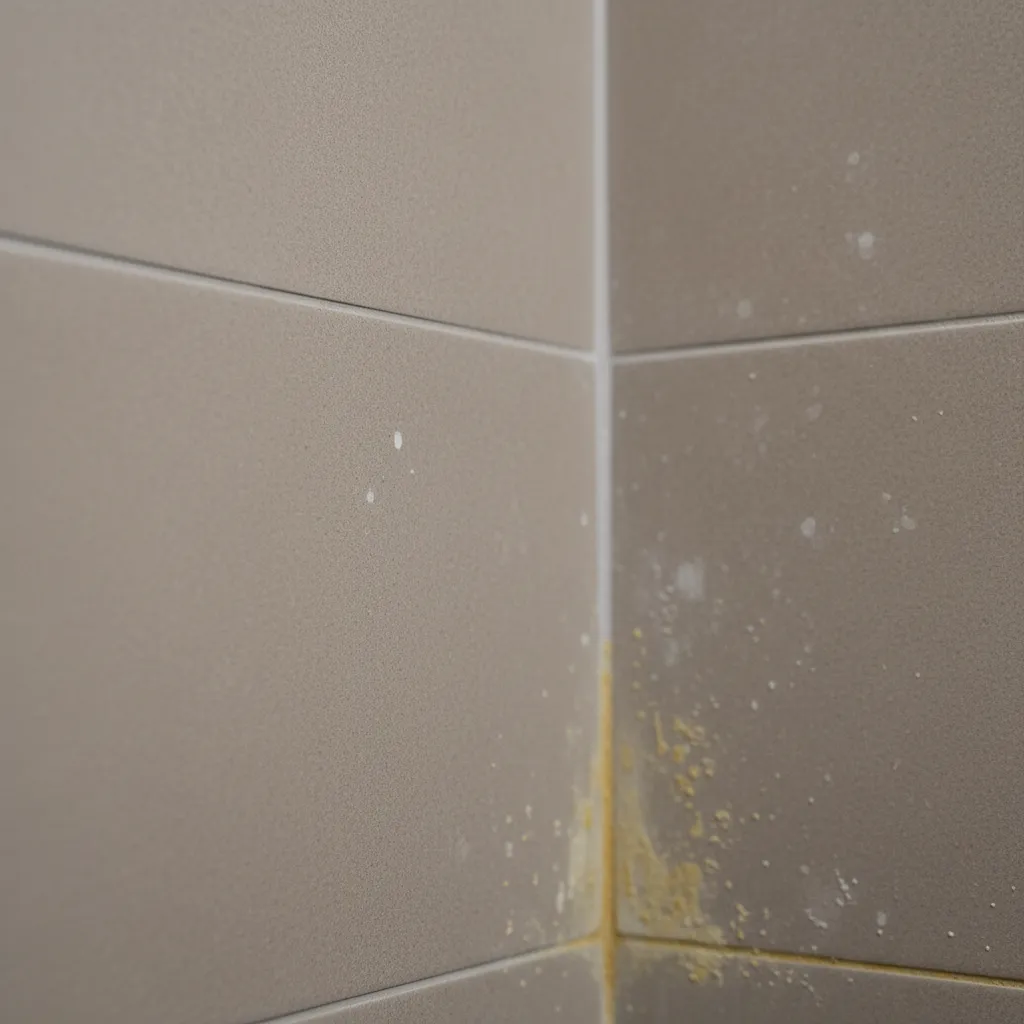 Close up of bathroom wall tiles with yellow staining along grout lines