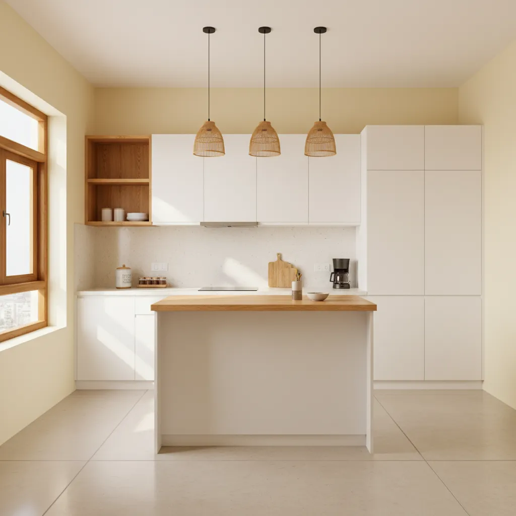Bright kitchen with light yellow walls and white cabinets designed with Vastu principles