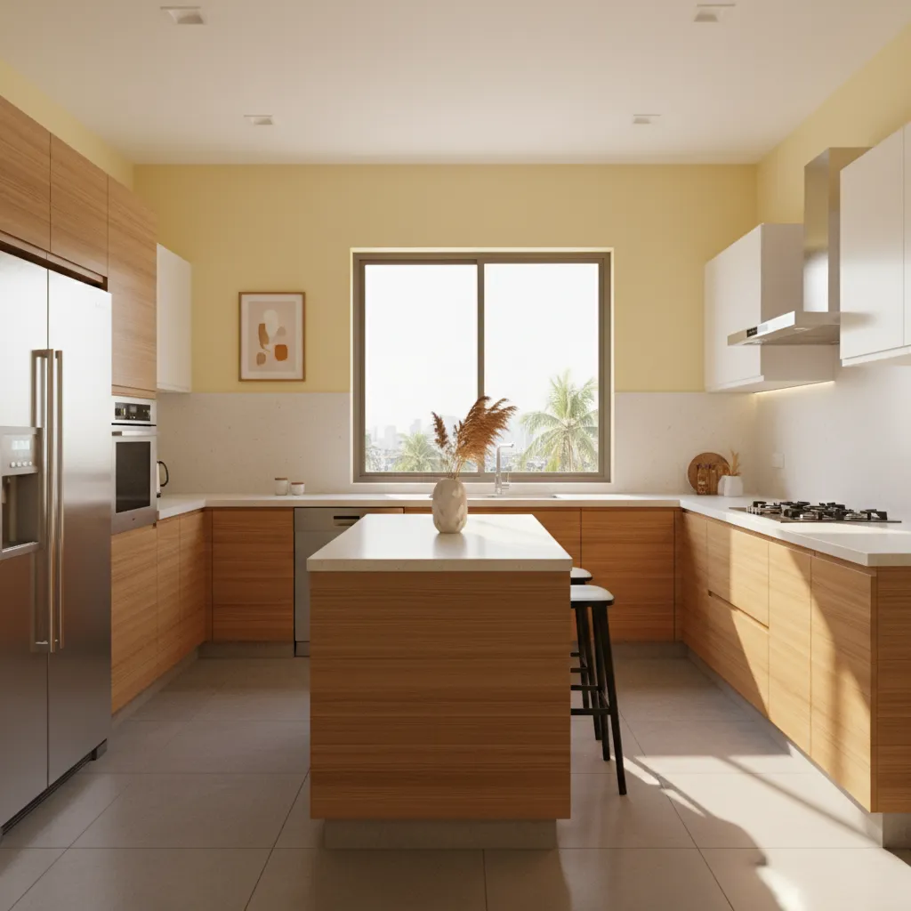Kitchen interior with soft yellow walls and wooden cabinets following Vastu color recommendations
