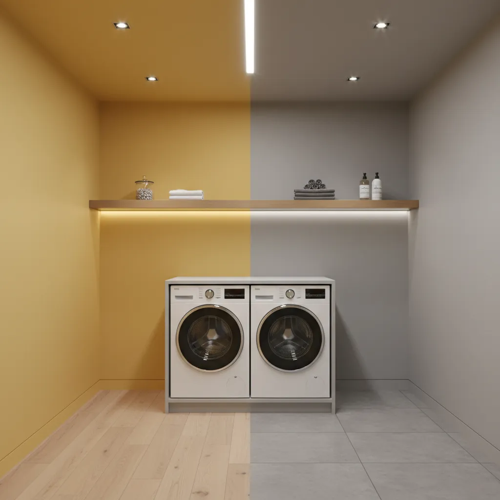 Comparison of warm and neutral LED lighting on yellow walls