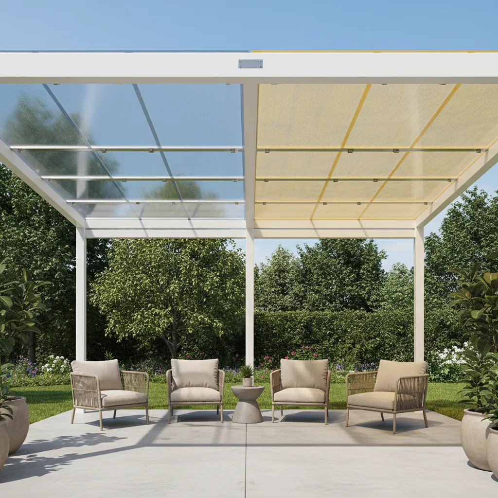 Comparison of clear patio roof panels showing new transparent panel versus yellowed aged panel