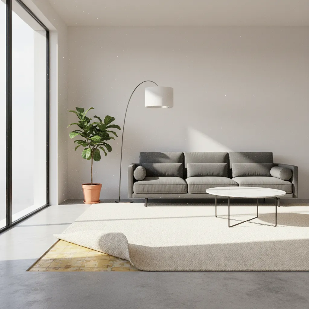 yellow discoloration on linoleum floor revealed after removing rug