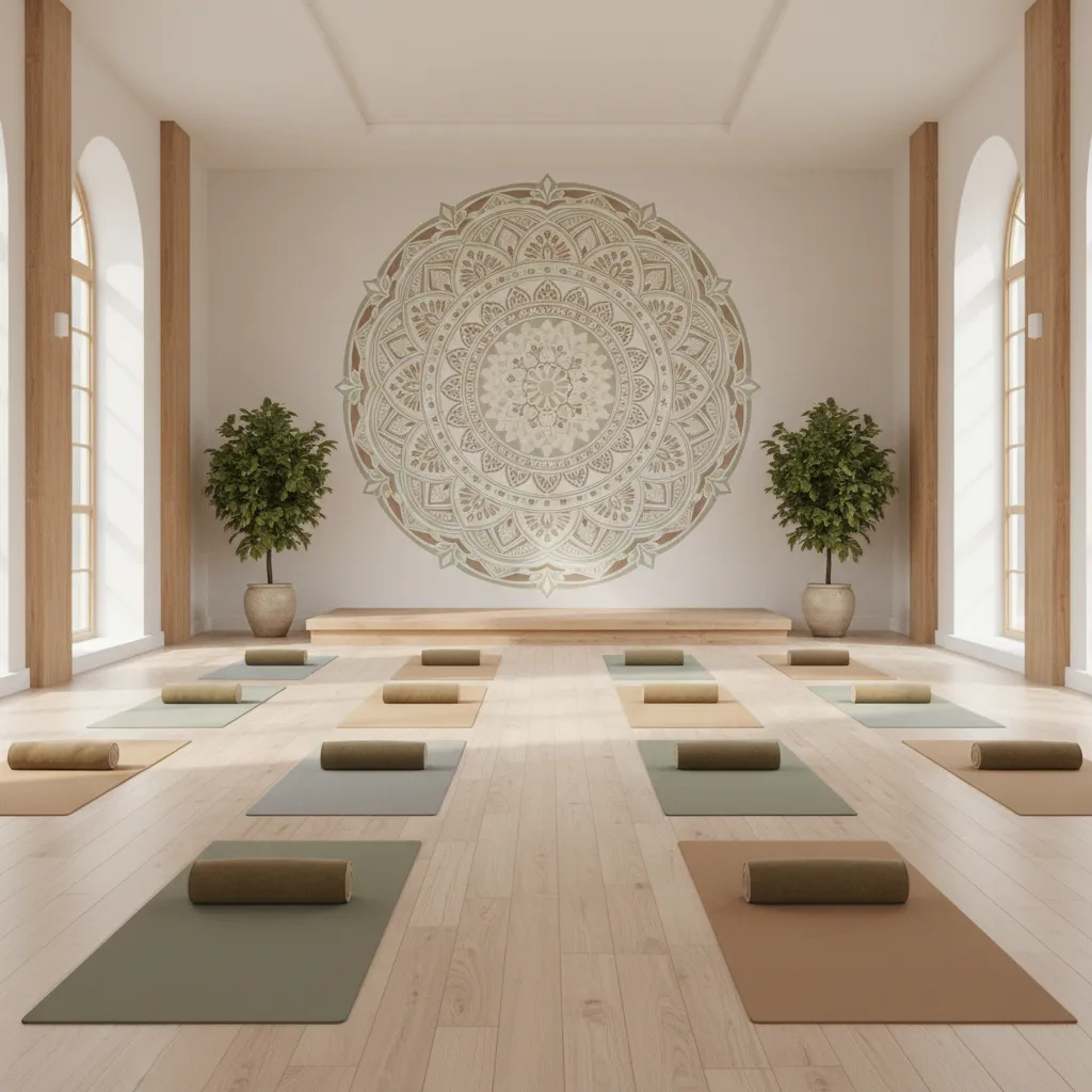 Large mandala mural behind instructor platform in yoga studio
