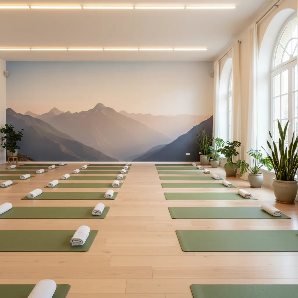 yoga studio interior with large peaceful mountain wall mural
