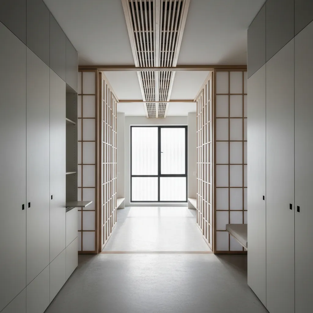 Minimalist white hallway featuring wooden ceiling slats paper sliding doors tall cabinets and large window