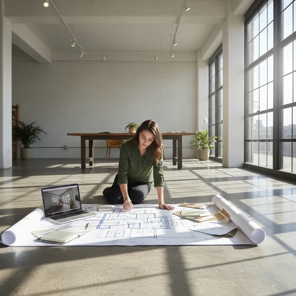 Joven diseñador de interiores trabajando en planos y portátil en estudio creativo