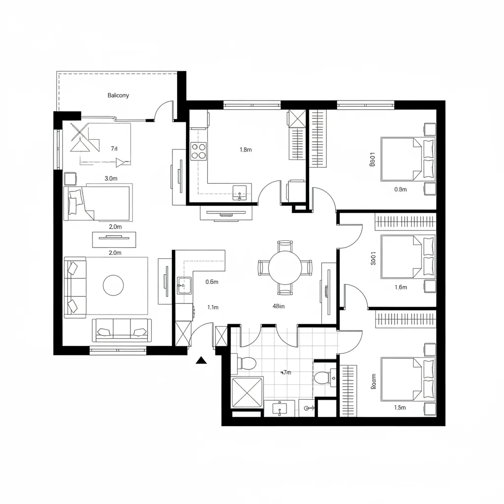 Modern three bedroom home floor plan with balcony living room dining area kitchen and bathroom