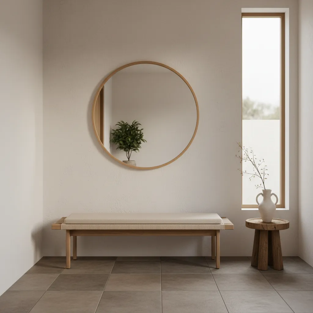 Zaguán minimalista con banco de madera y espejo grande