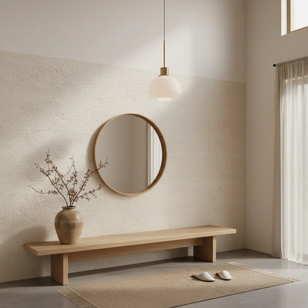 Zaguán estilo japandi con madera clara y luz suave