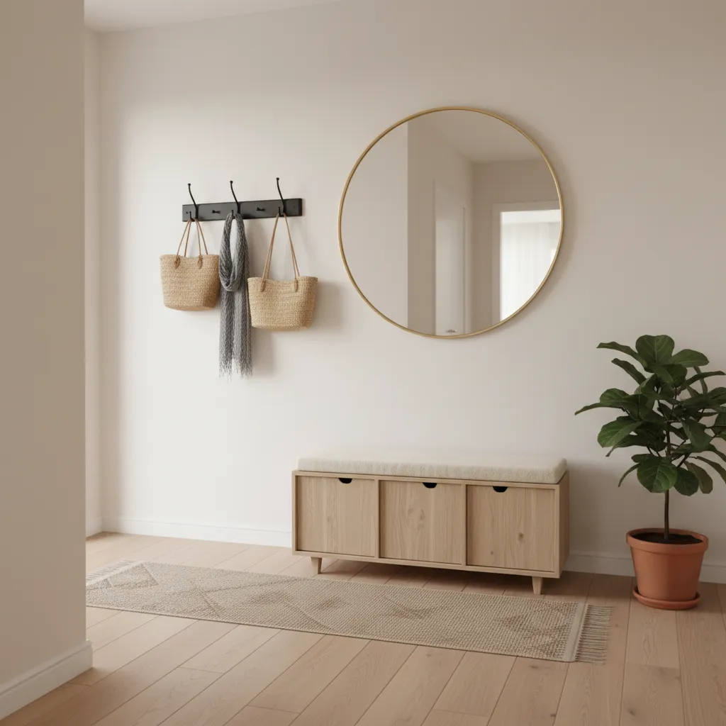 Pequeño zaguán en apartamento con espejo y banco compacto