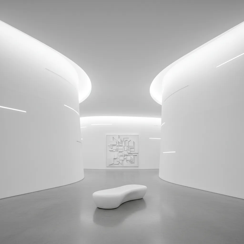 Interior con paredes y techo curvos creando continuidad espacial