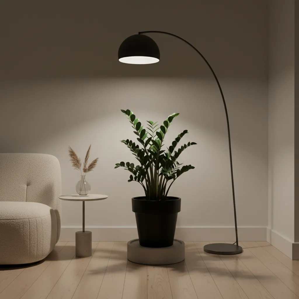 Planta zamioculca en un rincón interior con poca luz