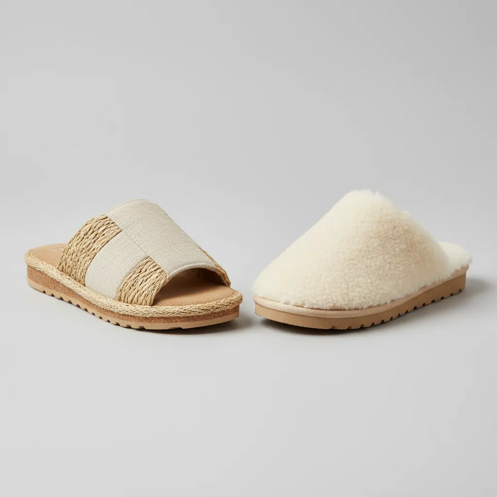 comparación entre zapatillas de casa abiertas para verano y cerradas para invierno