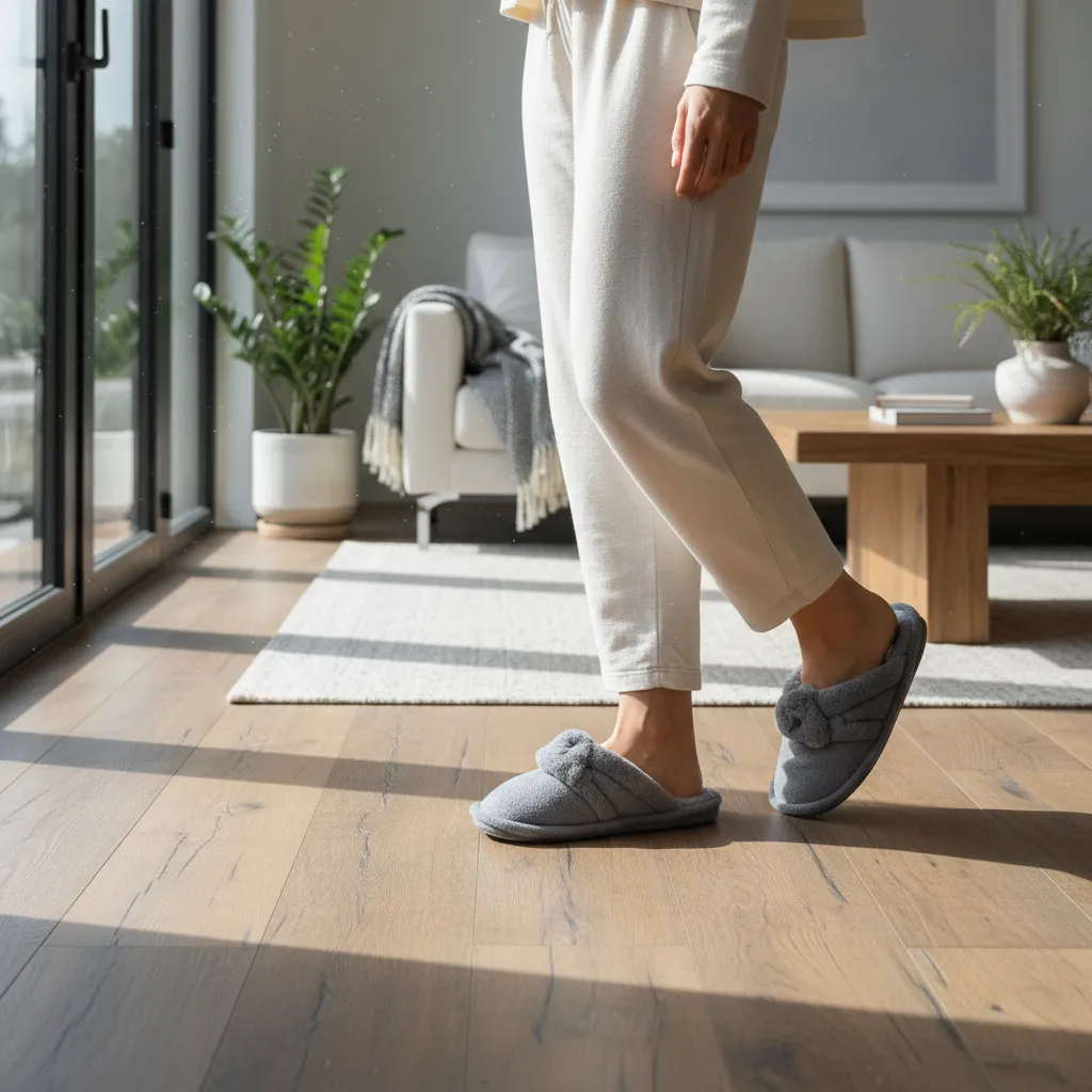 persona caminando con zapatillas de casa sobre suelo de madera en interior moderno