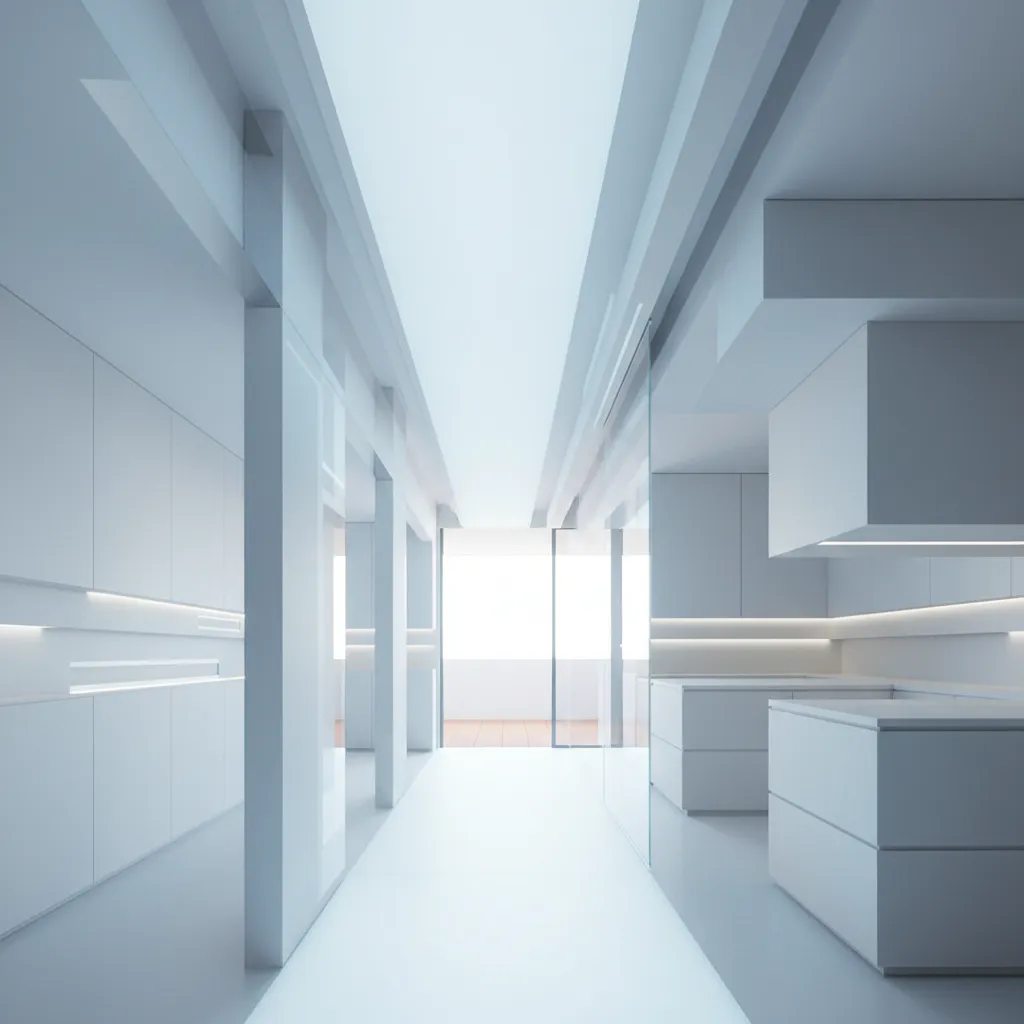 Modern white interior design drawing of a long hallway leading to a bright kitchen space