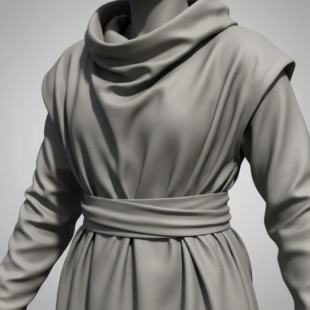 Detailed sculpted clothing folds on a 3D character model