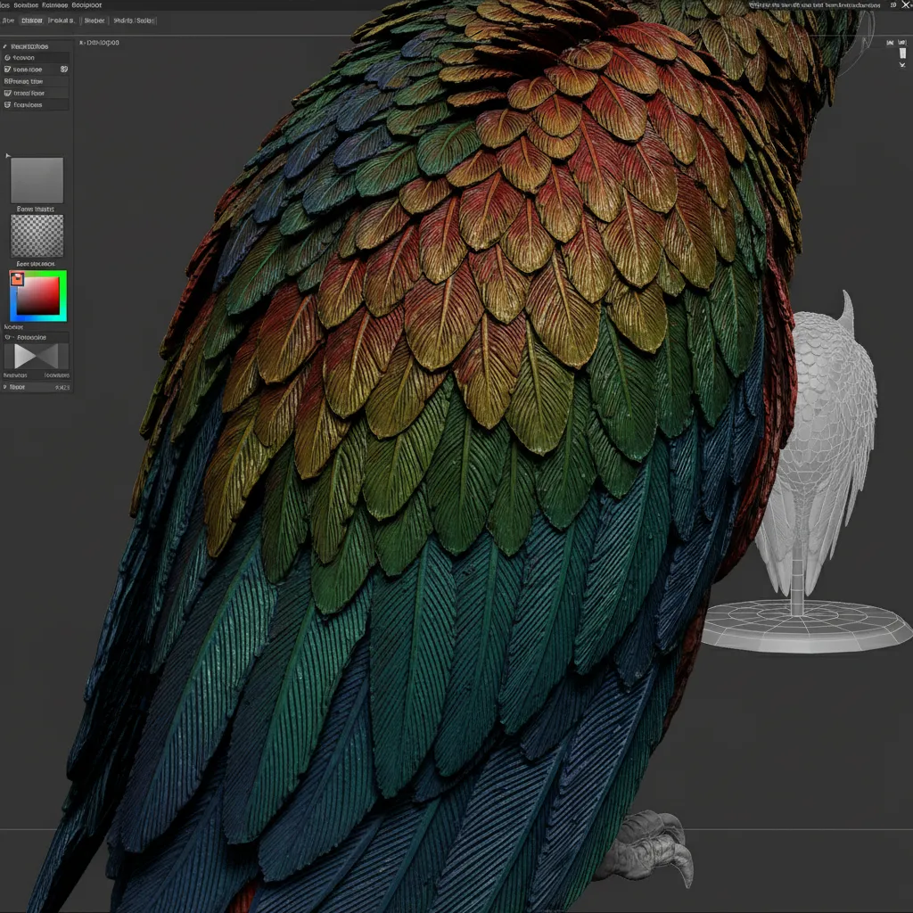 Close up feather sculpt detail on a parrot model created in ZBrush