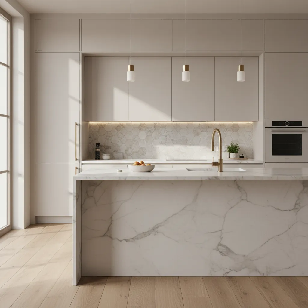 Kitchen backsplash with handmade zellige tile and marble countertop